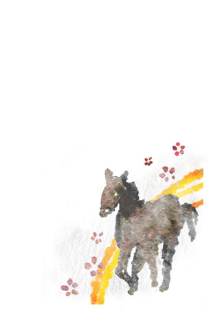 水彩で描いた花と馬のイラスト