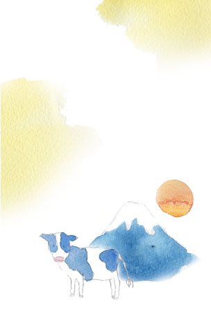 水彩で描いた牛と富士山と日の出のイラスト年賀状
