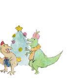 プレゼントを貰って喜ぶ恐竜のクリスマスカード