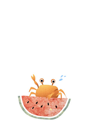 スイカを食べる可愛い蟹のイラスト