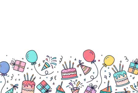 風船やケーキ、プレゼントなどを並べた手描き風の誕生日カードのイラスト