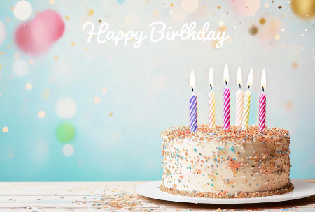 カラフルなアラザンとキャンドルを飾ったケーキが豪華な、Happy Birthdayの文字入り誕生祝い無料絵葉書テンプレート