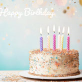 カラフルなアラザンとキャンドルを飾ったケーキが豪華な、Happy Birthdayの文字入り誕生祝い無料絵葉書テンプレート