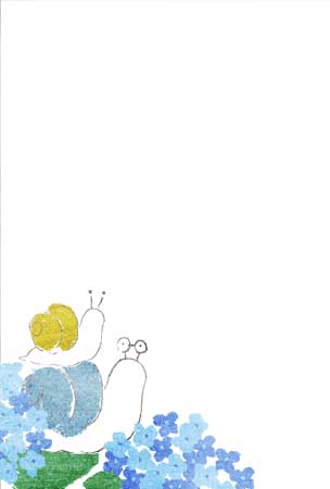 カタツムリの親子と紫陽花を描いたメッセージカード