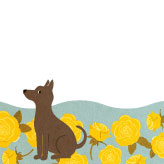 黄色いバラと犬のイラストが可愛い、父の日向けの無料絵葉書テンプレート