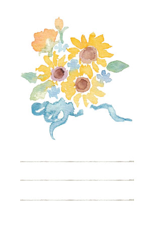 青いリボンを添えた爽やかな向日葵の花束が明るい、父の日の無料絵葉書テンプレート