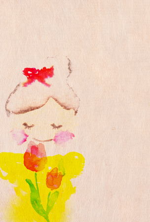 水彩で描いたチューリップを持つ女の子