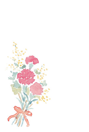 ミモザとカーネーションの花束を描いた水彩風のはがきテンプレート