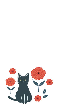 北欧風の猫とカーネーションを描いた母の日向けはがきテンプレートのイラスト