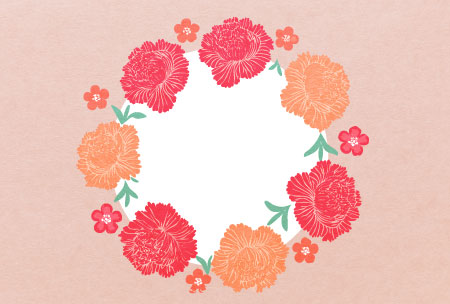 カーネーションの花をリース状に並べた母の日向けの華やかなはがきテンプレート