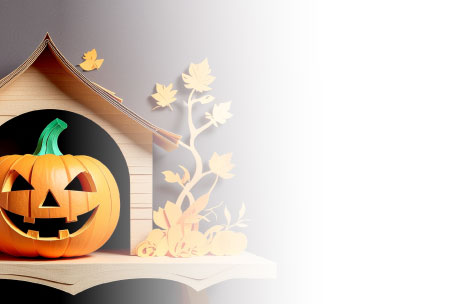 木の小屋に飾ったジャック・オ・ランタンが可愛いハロウィンの無料ポストカードテンプレート