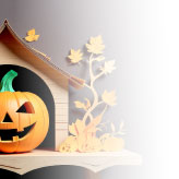 木の小屋に飾られたジャック・オ・ランタンのハロウィンカード