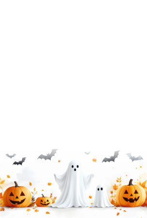 オバケの親子とジャック・オ・ランタンが並んだハロウィンの無料ポストカードテンプレート