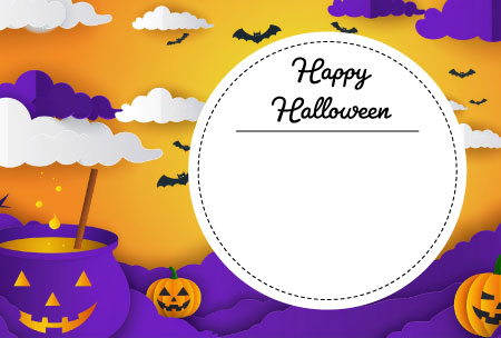 オレンジと紫の配色が可愛い、魔法の鍋とジャック・オ・ランタンを描いたハロウィンの無料ポストカードテンプレート