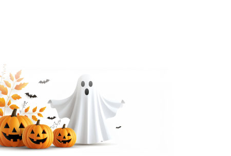 白いオバケとカボチャを並べたシンプルで可愛いハロウィンの無料ポストカードテンプレート