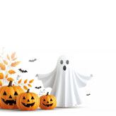 白いオバケとカボチャを並べたシンプルで可愛いハロウィンカード