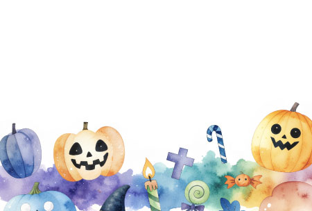 水彩タッチで描いたカボチャやキャンディが可愛いハロウィンの無料ポストカードテンプレート