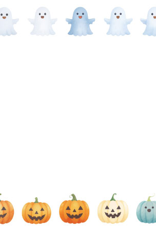 オバケとカボチャを上下に並べた可愛いハロウィンの無料ポストカードテンプレート
