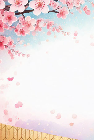 満開の桜と金屏風風の背景が華やかな、ひな祭りにも使える春の絵葉書テンプレート