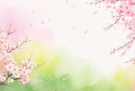 水彩風の桜とやわらかな緑の背景が広がる、ひな祭り用の上品な絵葉書テンプレート