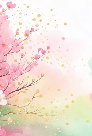 水彩風の桜と舞い散る花びらが彩る、ひな祭り用のやさしく華やかな絵葉書テンプレート