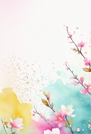 カラフルな水彩のにじみと桜の枝が彩る、ひな祭り用の華やかな絵葉書テンプレート