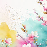 水彩の桜の枝と春色のにじみが彩る、ひな祭り用の華やかな絵葉書テンプレート