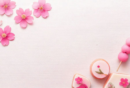 桃の花と和菓子が描かれた、ひな祭り用の可愛らしい絵葉書テンプレート