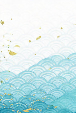 青海波と金箔を散らした華やかな寒中見舞いのはがきテンプレート