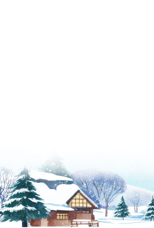 雪景色の古民家を描いた寒中見舞いのテンプレート