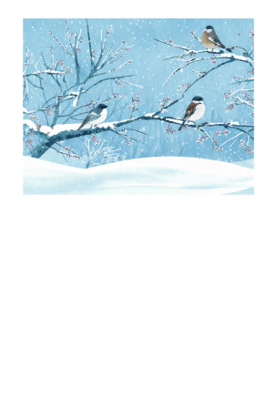雪景色と三羽の小鳥を描いた寒中見舞いのテンプレート