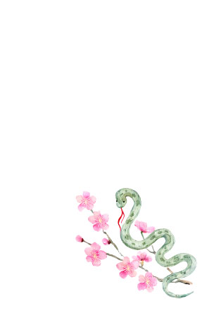 梅の花とヘビを描いた巳年の年賀状テンプレート