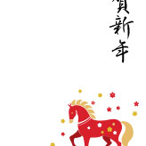 朱色の馬と小花のイラストを散らした、縁起の良い午年の年賀はがき無料テンプレート
