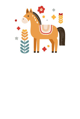 かわいい馬と花を描いた、明るい雰囲気の午年の年賀はがき無料テンプレート