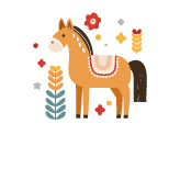 馬と花を描いた、可愛く明るい雰囲気の午年の年賀はがき無料テンプレート