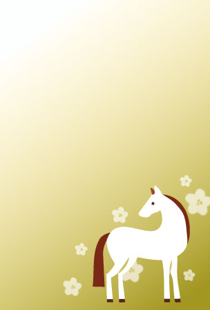 白い馬と梅の花を描いた、上品な午年の年賀はがき無料テンプレート