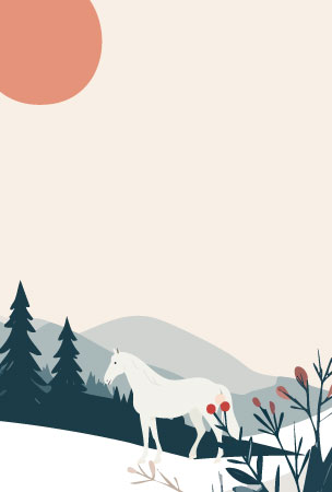 白馬と山の風景、日の出を描いた、ノスタルジックなイメージの午年の年賀状の無料テンプレート