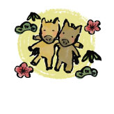 笑顔で肩を組む馬のイラストを描いた、午年の年賀状の無料テンプレート