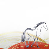 金のラインが豪華なイメージ。筆で馬のイラストを描いた、和風で新年らしいデザインの午年の年賀状テンプレート