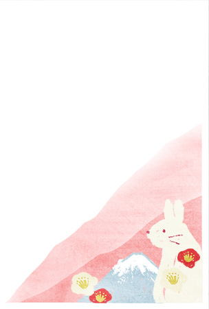 ウサギと富士山と椿の花のイラスト
