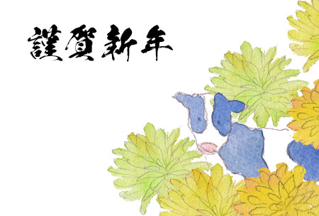 牛と菊の花を描いた年賀状