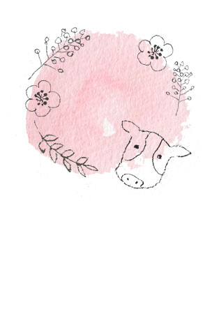 線画で描いた牛と草花の年賀状