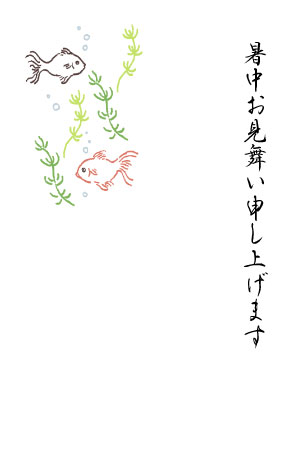 金魚と水草のイラストと挨拶文を入れた暑中見舞いの絵葉書