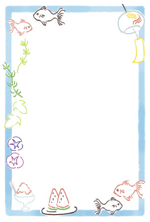 風鈴や金魚など夏っぽいイラストを描いた暑中見舞いの絵葉書