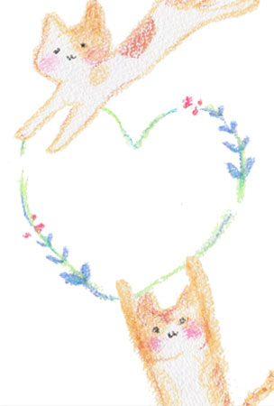 クレヨンで描いた猫とハートのバレンタインカード