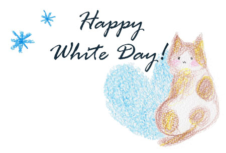 クーピーで描いた猫とハートのホワイトデーカード