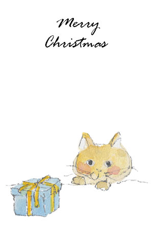 猫とプレゼントを描いたクリスマスカード