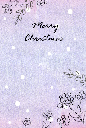 雪の背景に木の実やリーフを描いたクリスマスカード