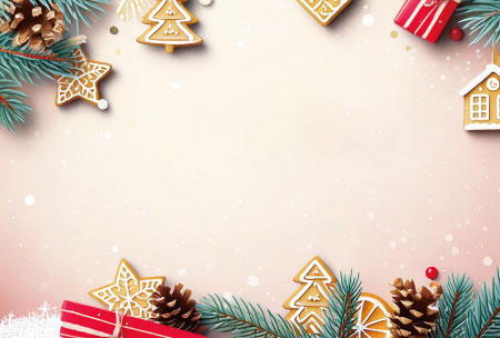 ジンジャークッキーや松ぼっくり、プレゼントを並べた温かな雰囲気のクリスマスカードの無料テンプレート