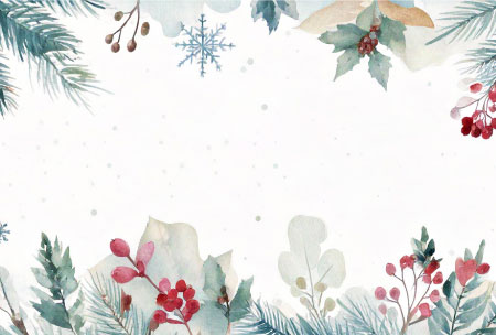 水彩タッチで描いた植物や雪の結晶が彩る、上品で落ち着いた雰囲気のクリスマスカードの無料テンプレート